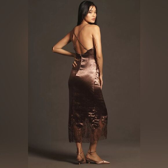 Anthropologie Satin Lace Midi Pajama Dress Size M New With Tags - Picture 4 of 5